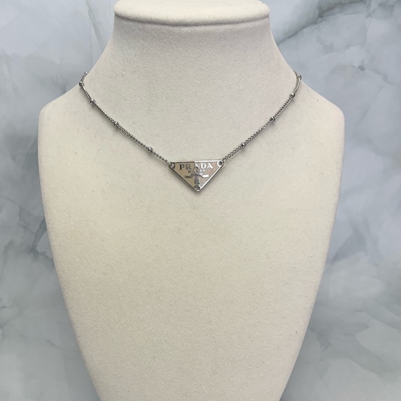 Upcycled Nude & Silver Triangle Plate Satellite Chain Necklace - Picture 1 of 4